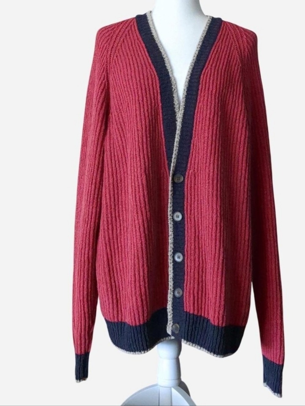AUTHENTIC Giorgio Armani Men’s XL Ribbed Knit Cardigan Sweater Red & Navy Blue